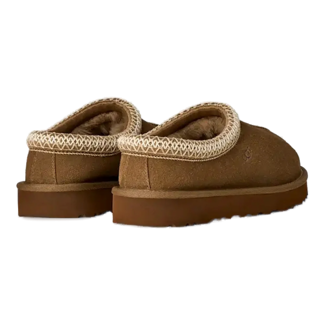 HypeSelection UGG Tasman II slippers in light bronze suede with signature UGGbraid collar and plush sheepskin lining