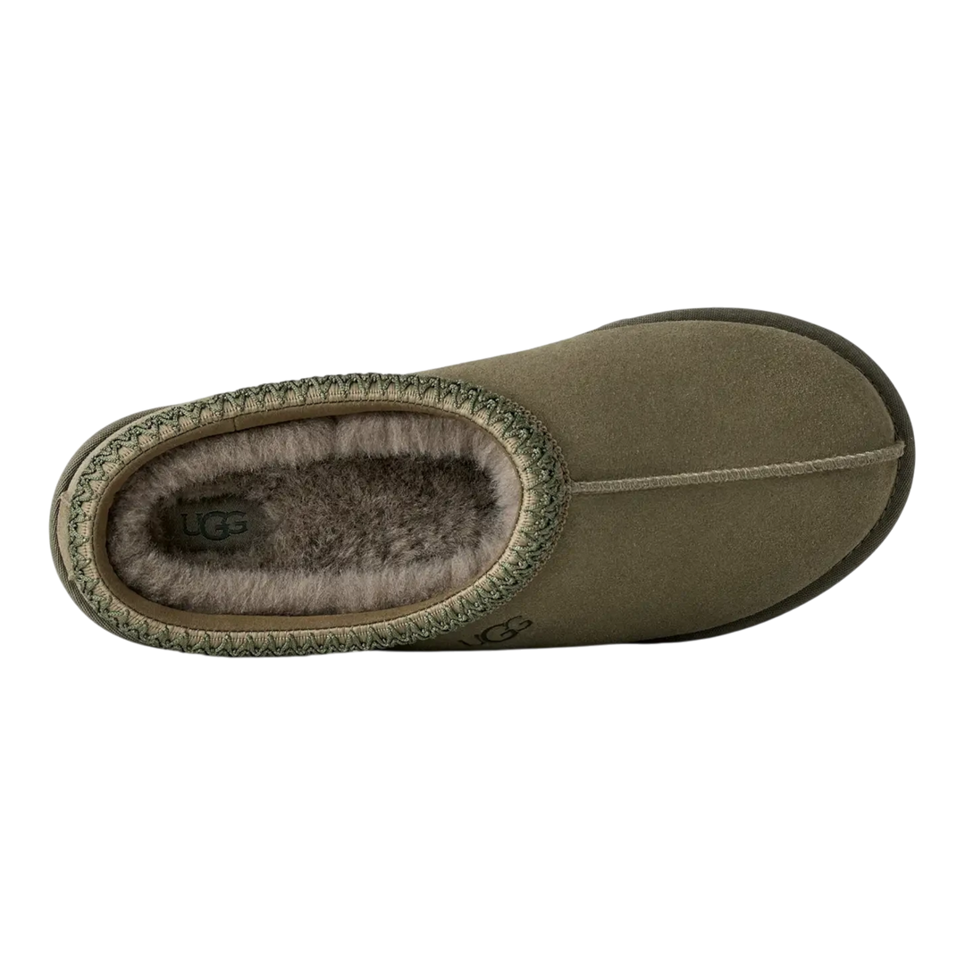 HypeSelection UGG Tasman II slipper in burnt olive suede with signature UGGbraid trim and plush wool-blend lining