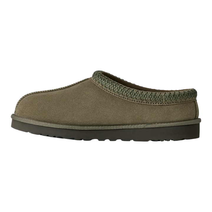 HypeSelection UGG Tasman II slipper in burnt olive suede with signature green UGGbraid trim and EVA outsole