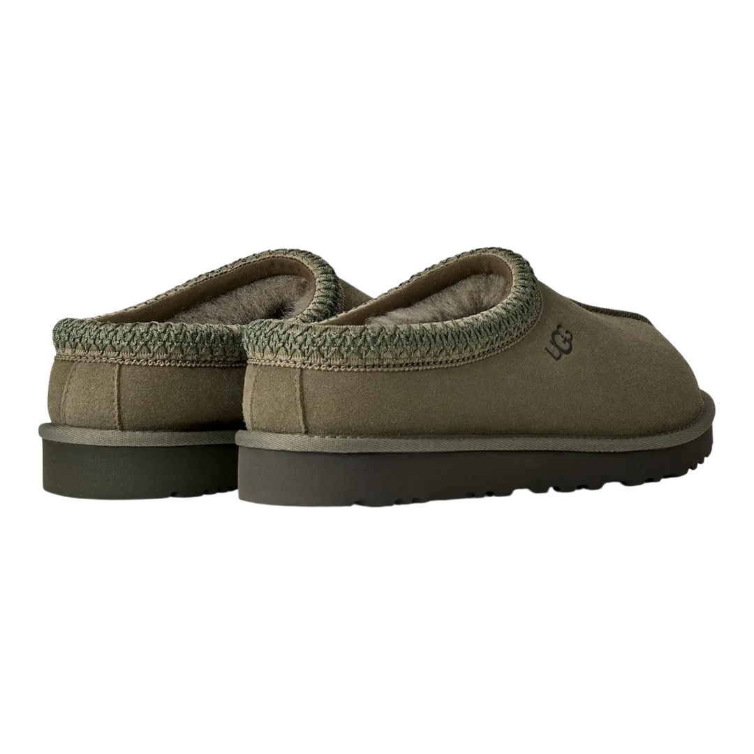 HypeSelection UGG Tasman II slippers in burnt olive suede with signature braid trim and plush wool-blend lining