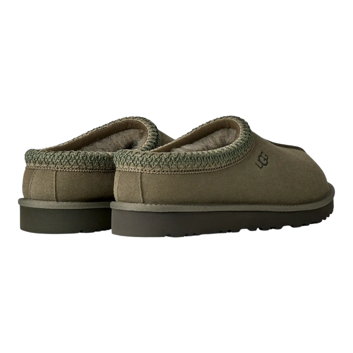 HypeSelection UGG Tasman II slippers in burnt olive suede with signature braid trim and plush wool-blend lining