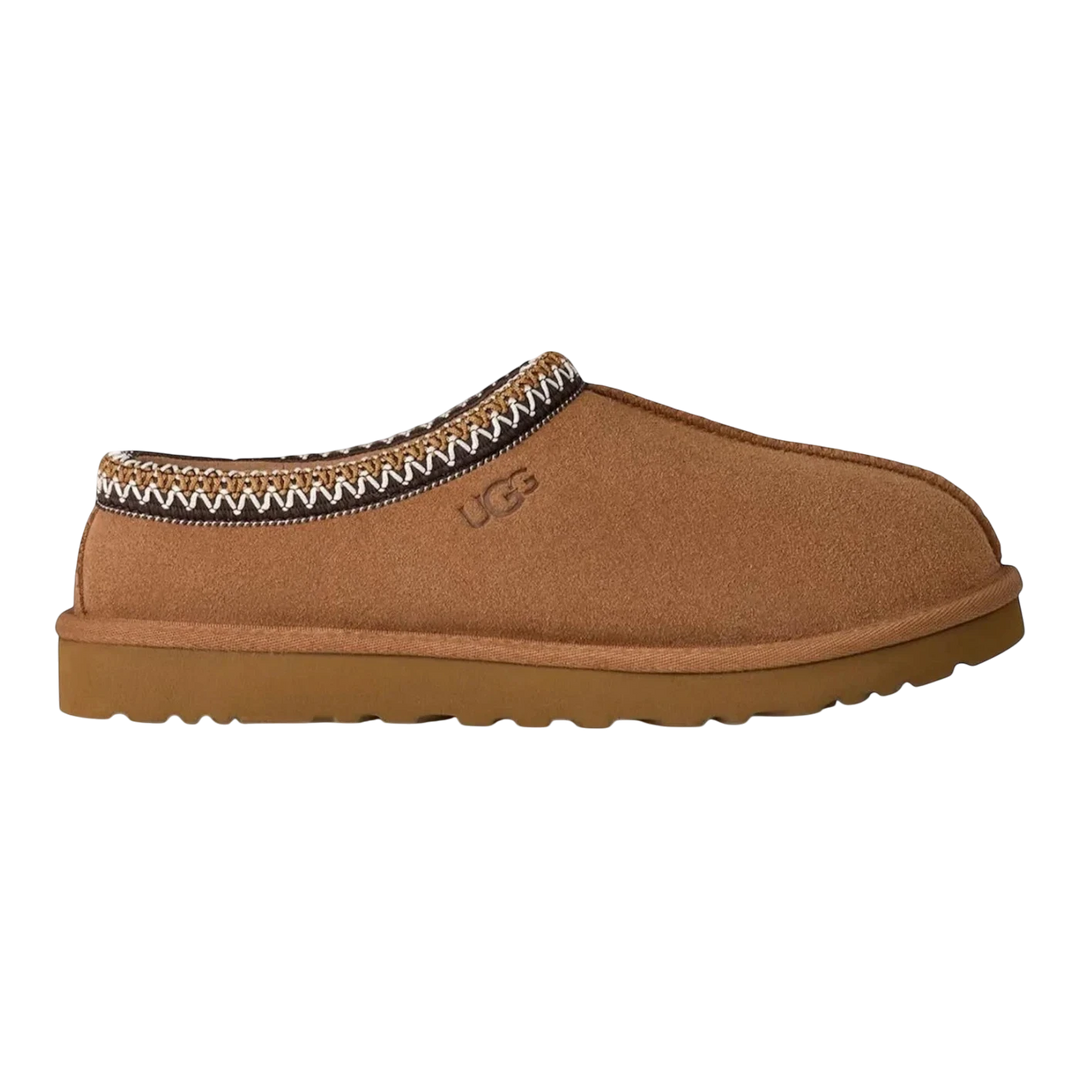 HypeSelection Chestnut UGG Tasman II slipper made of suede with sheepskin lining and braided collar detail.