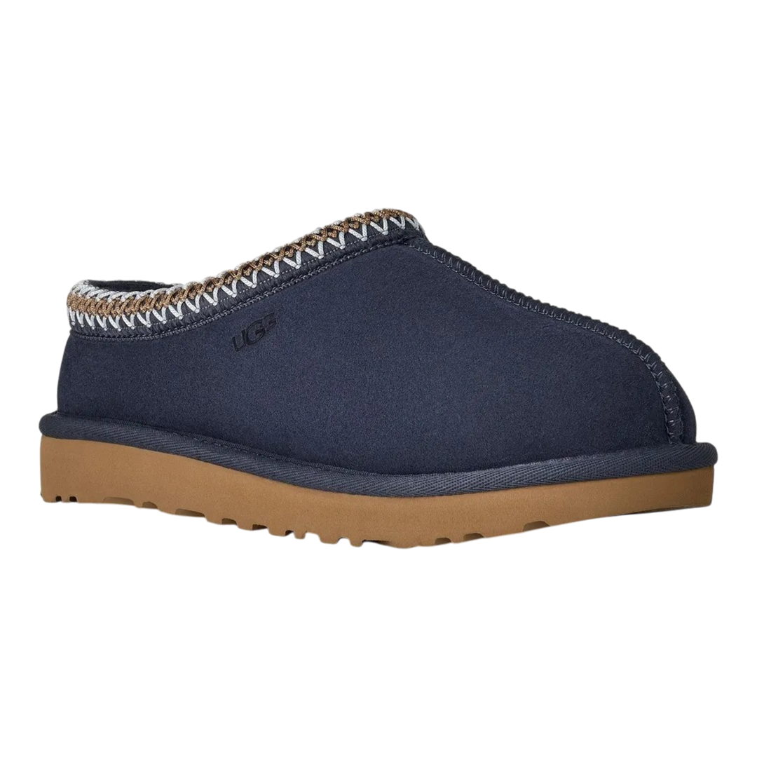 HypeSelection UGG Tasman II slipper in dark indigo suede with signature UGGbraid collar and tan EVA outsole