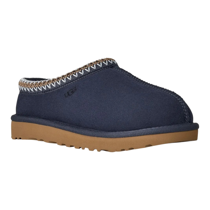 HypeSelection UGG Tasman II slipper in dark indigo suede with signature UGGbraid collar and tan EVA outsole