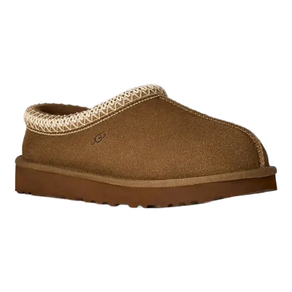 HypeSelection UGG Tasman II slipper in light bronze suede with signature UGGbraid collar and sheepskin lining