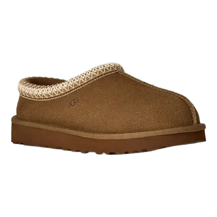 HypeSelection UGG Tasman II slipper in light bronze suede with signature UGGbraid collar and sheepskin lining