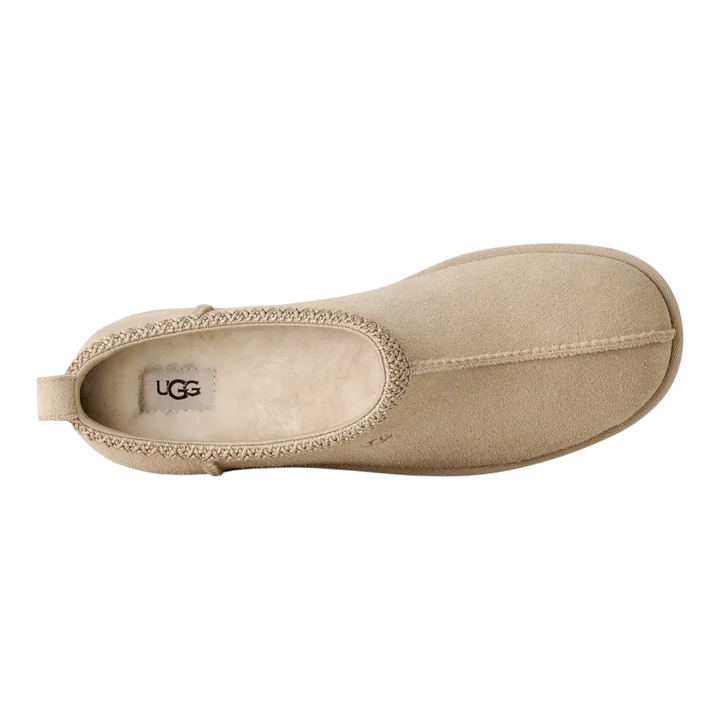 HypeSelection UGG Tasman Deconstructed slipper in sand suede with a plush wool-blend lining, top-down view.