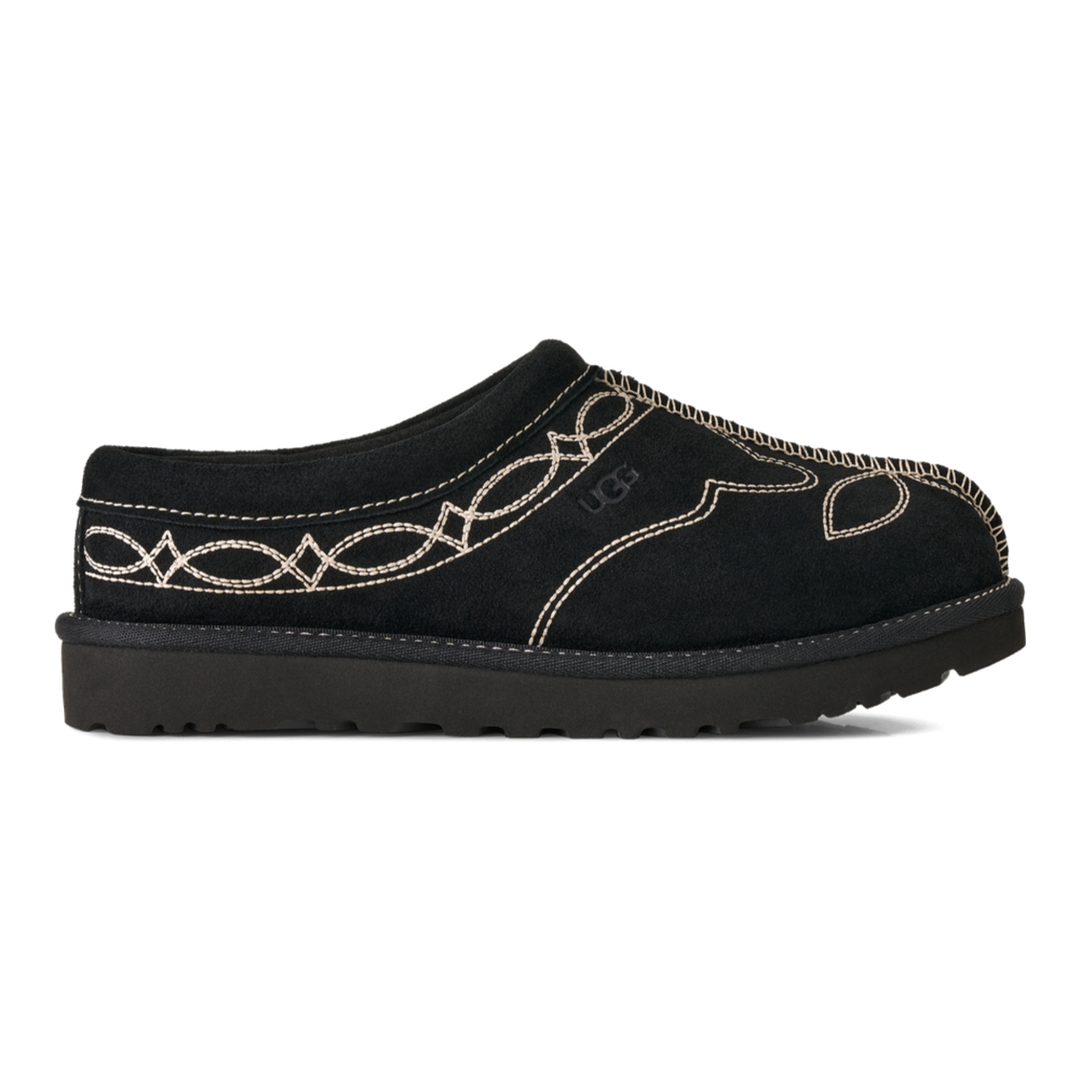 HypeSelection UGG Tasman Western black suede slipper with decorative embroidery and plush lining, side view.