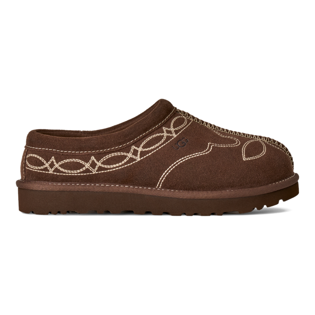 HypeSelection UGG Tasman Western slipper in burnt cedar suede with decorative embroidery and EVA outsole side view