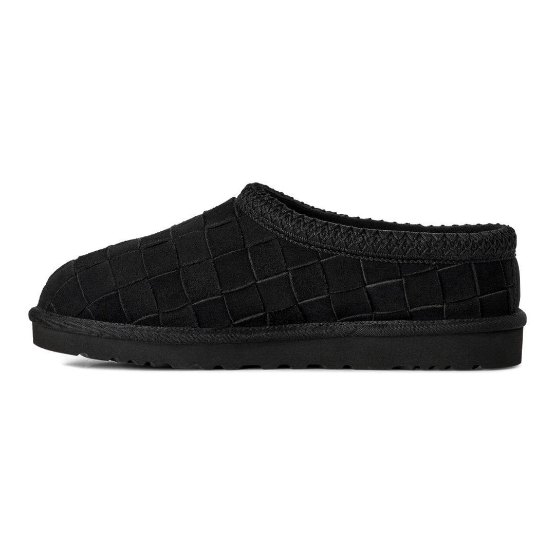 HypeSelection UGG Tasman Woven black suede slip-on slipper with intricate woven texture and EVA outsole side view