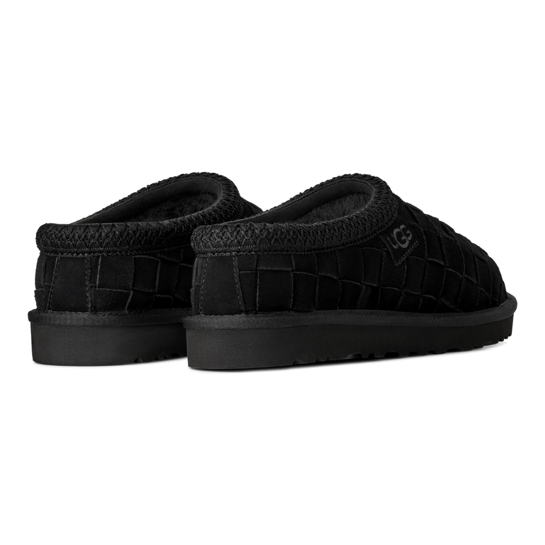 HypeSelection UGG Tasman Woven black suede slippers with intricate woven upper and plush lining, rear view