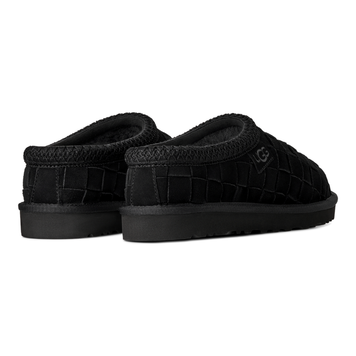 HypeSelection UGG Tasman Woven black suede slippers with intricate woven upper and plush lining, rear view