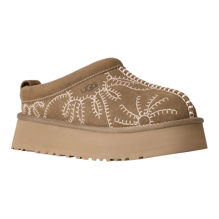 HypeSelection UGG Tazz Botanic platform slipper in light bronze suede with tonal botanical embroidery