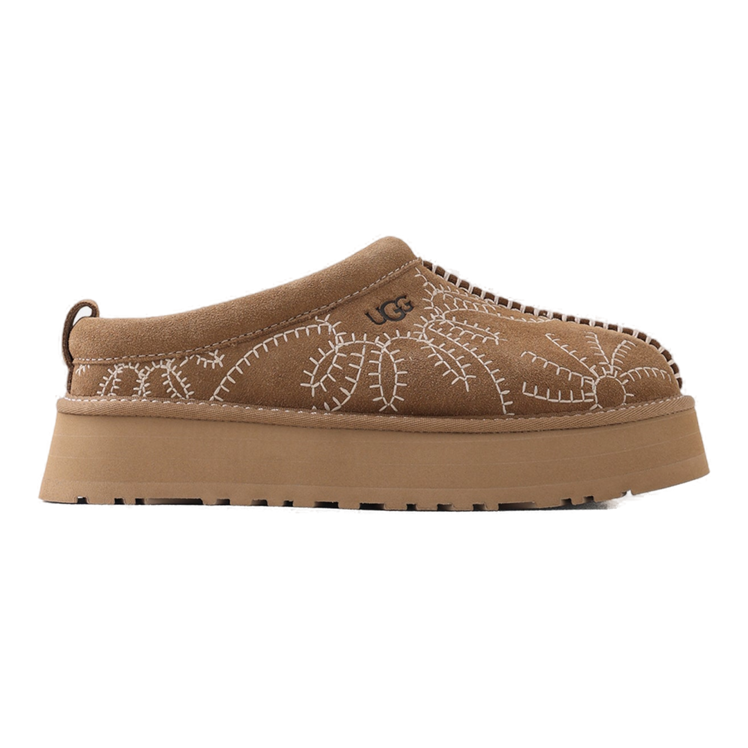 HypeSelection UGG Tazz Botanic platform slipper in light bronze suede with white botanical embroidery and thick sole