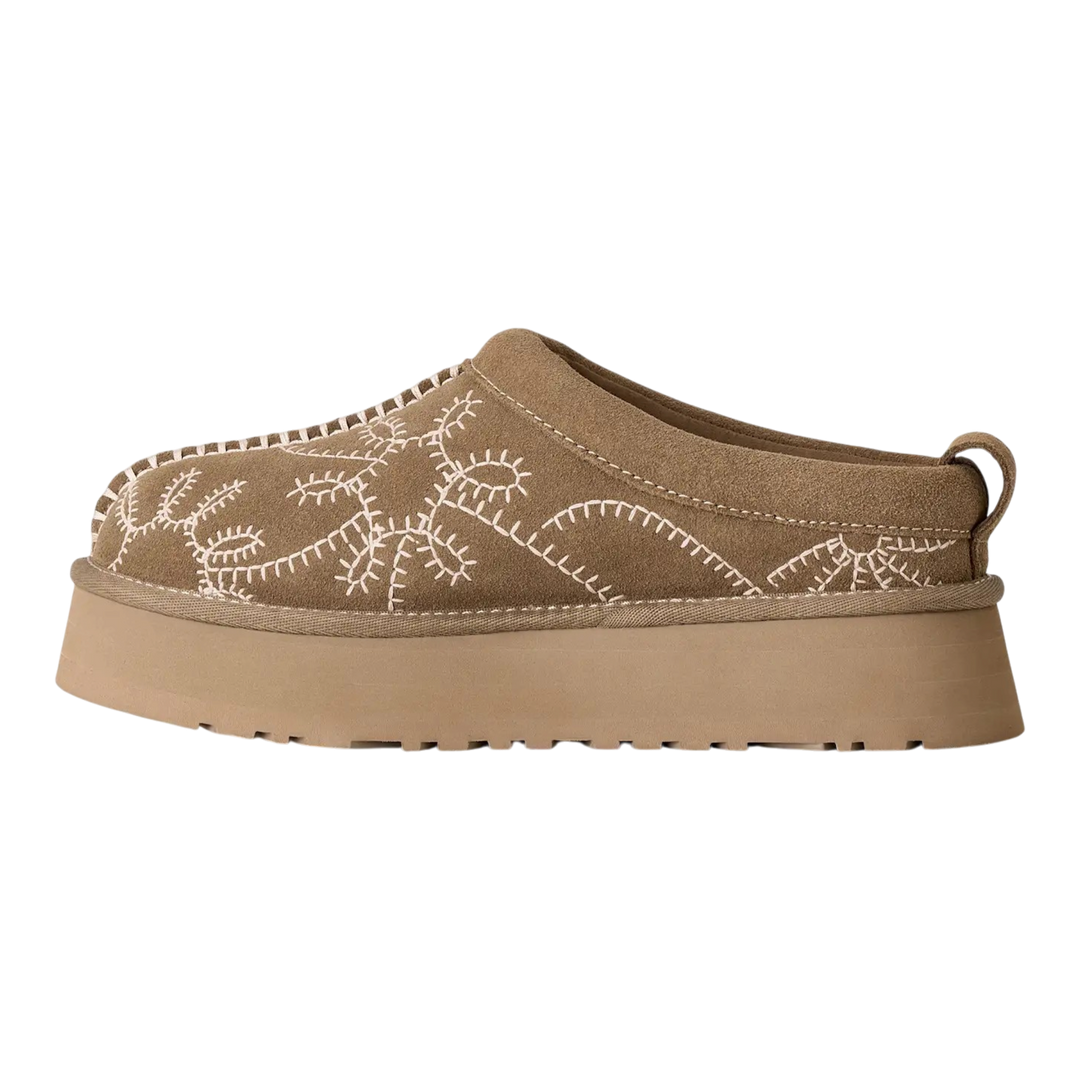 HypeSelection UGG Tazz Botanic platform slipper in light bronze suede with white botanical embroidery