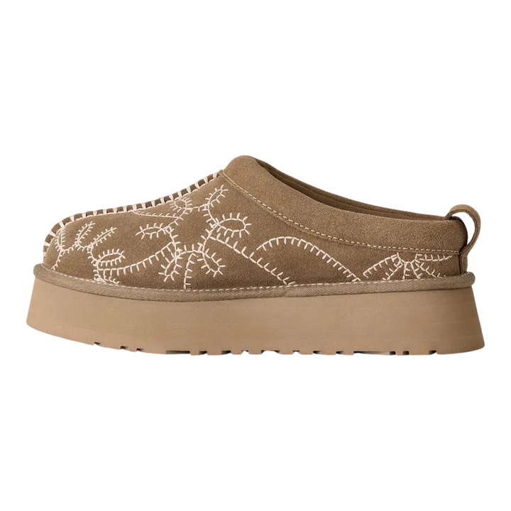 HypeSelection UGG Tazz Botanic platform slipper in light bronze suede with white botanical embroidery