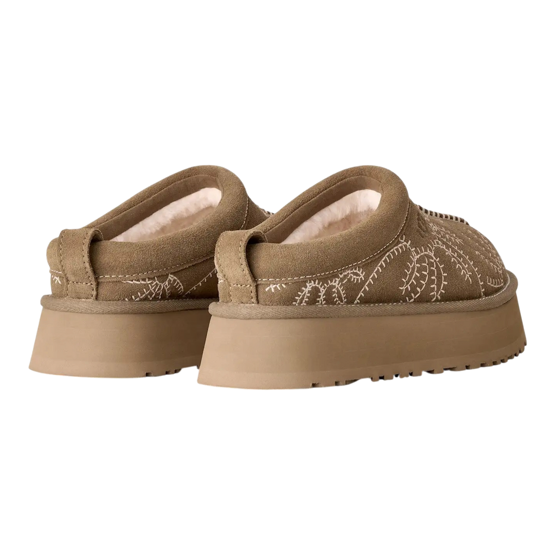 HypeSelection UGG Tazz Botanic platform slippers in light bronze suede with tonal botanical embroidery and plush lining