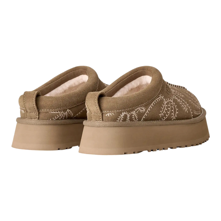 HypeSelection UGG Tazz Botanic platform slippers in light bronze suede with tonal botanical embroidery and plush lining