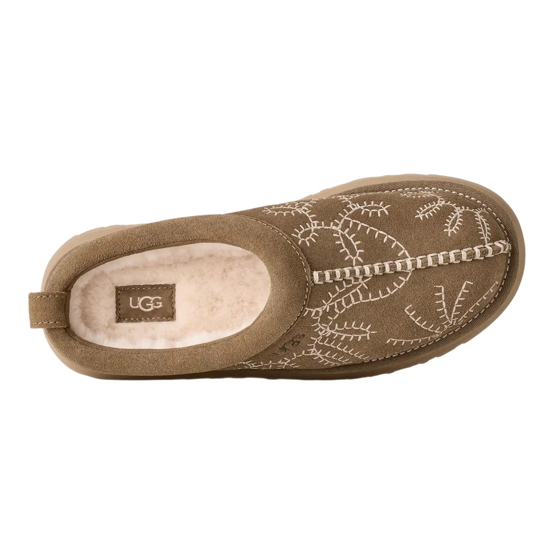 HypeSelection UGG Tazz Botanic platform slipper in light bronze suede with white botanical embroidery and plush lining