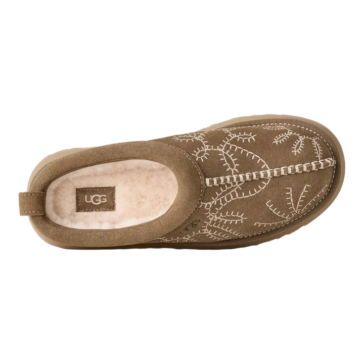 HypeSelection UGG Tazz Botanic platform slipper in light bronze suede with white botanical embroidery and plush lining