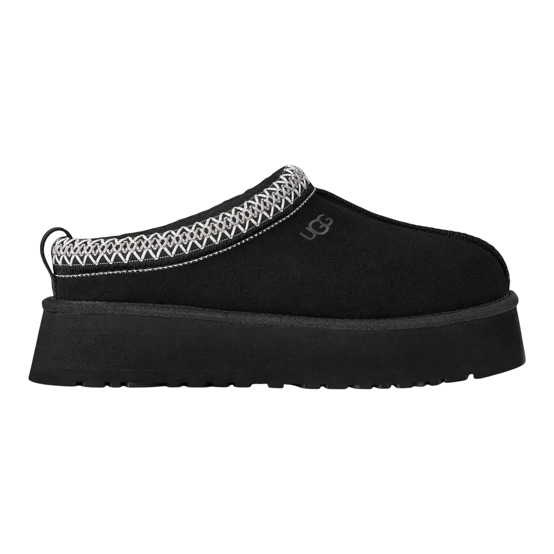HypeSelection black UGG Tazz II slipper with suede upper, sheepskin lining, and platform sole. Features braided collar detail.