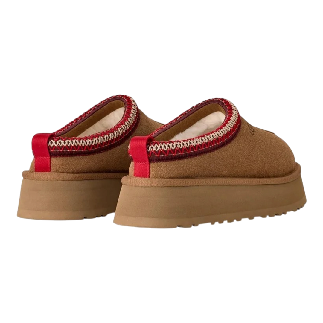 HypeSelection UGG Tazz II slippers in chestnut suede with platform soles and signature red UGGbraid collar detail