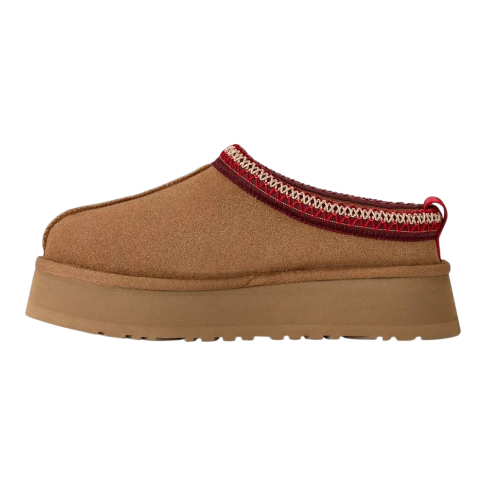 HypeSelection UGG Tazz II slipper in chestnut suede with a chunky platform sole and signature UGGbraid collar detail.