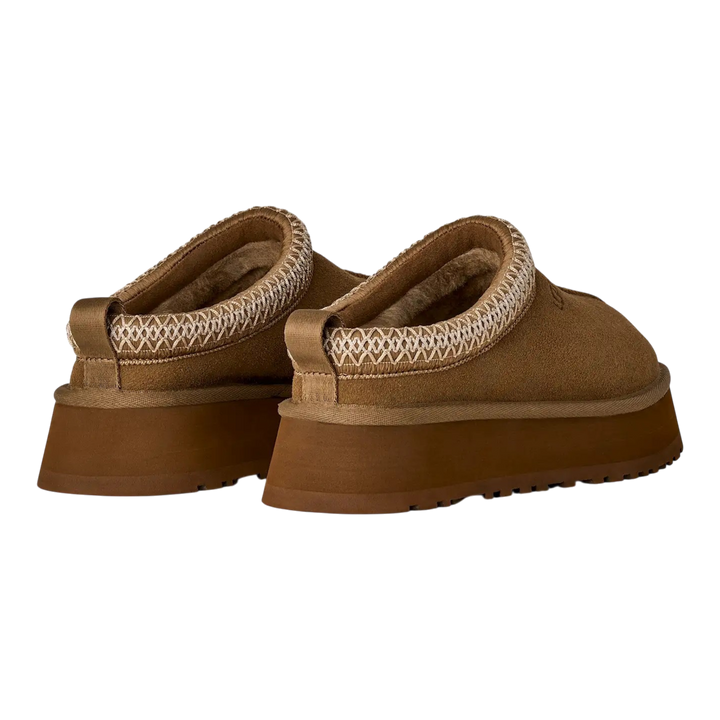 HypeSelection UGG Tazz II slippers in light bronze suede with platform sole, UGGbraid collar, and rear pull tab.