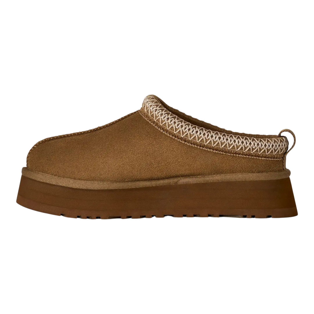 HypeSelection UGG Tazz II slipper in light bronze suede with a platform EVA sole and signature UGGbraid collar.