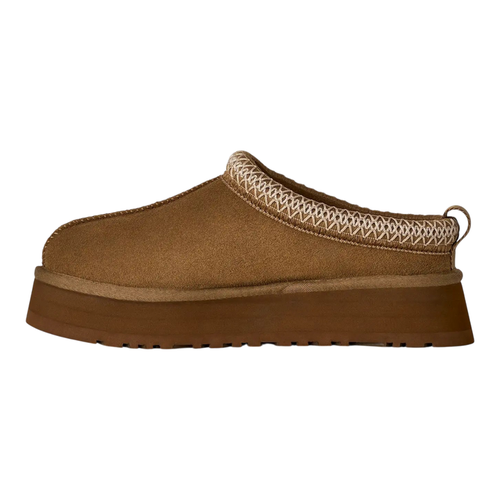 HypeSelection UGG Tazz II slipper in light bronze suede with a platform EVA sole and signature UGGbraid collar.