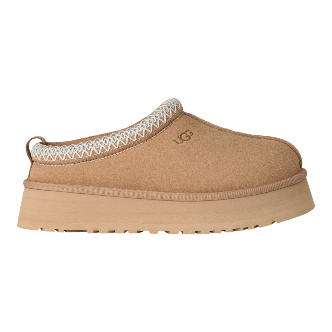 HypeSelection UGG Tazz II slipper in sand suede with a chunky platform EVA sole and signature UGGbraid collar detail.