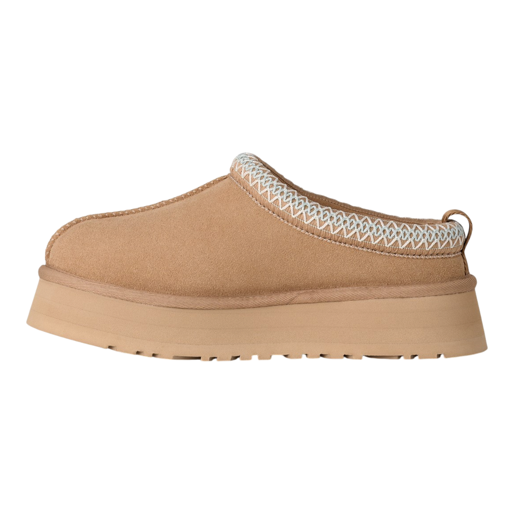 HypeSelection UGG Tazz II slipper in sand suede with a chunky platform EVA sole and signature UGGbraid collar detail.