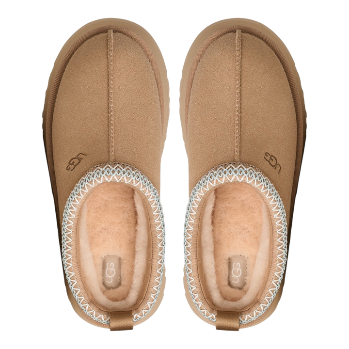 HypeSelection UGG Tazz II slippers in sand suede with sheepskin lining, platform EVA sole, and signature UGGbraid trim.