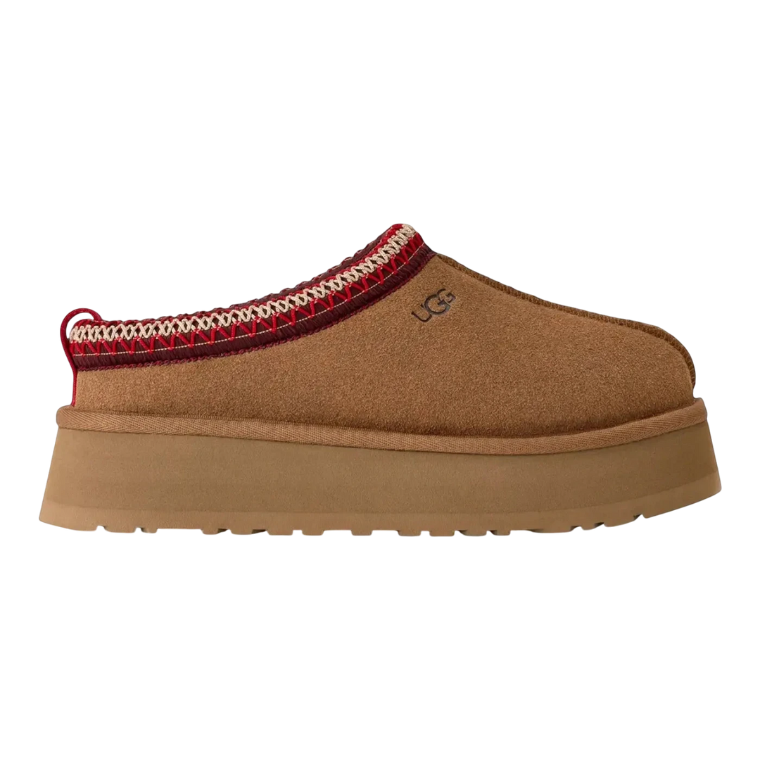 HypeSelection women's chestnut suede UGG Tazz II slipper with platform sole and braided trim.