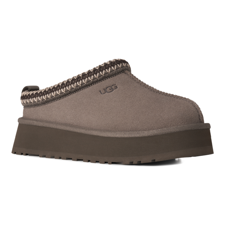 HypeSelection UGG Tazz II slipper in dried oregano suede with signature UGGbraid collar and brown platform sole