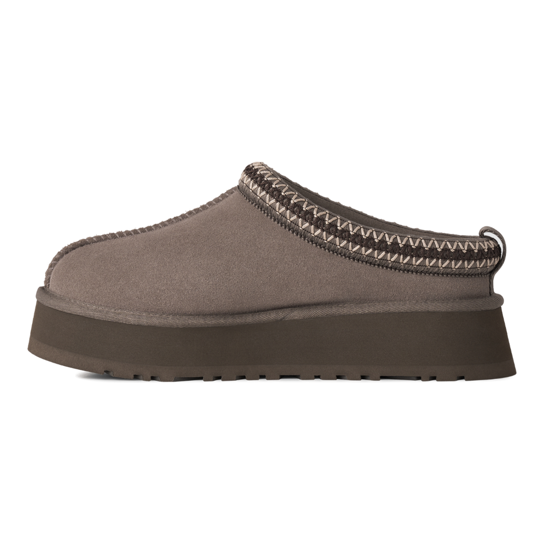 HypeSelection UGG Tazz II platform slipper in dried oregano suede with signature brown UGGbraid collar