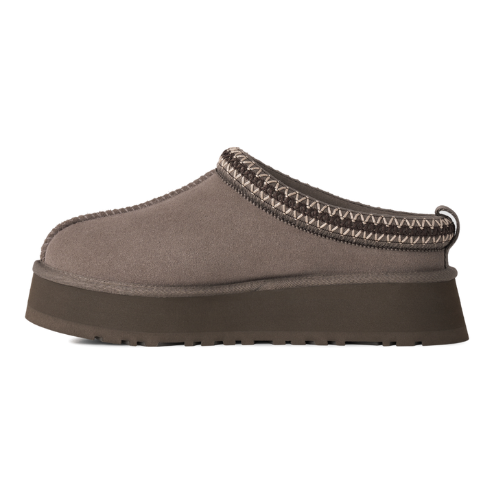 HypeSelection UGG Tazz II platform slipper in dried oregano suede with signature brown UGGbraid collar