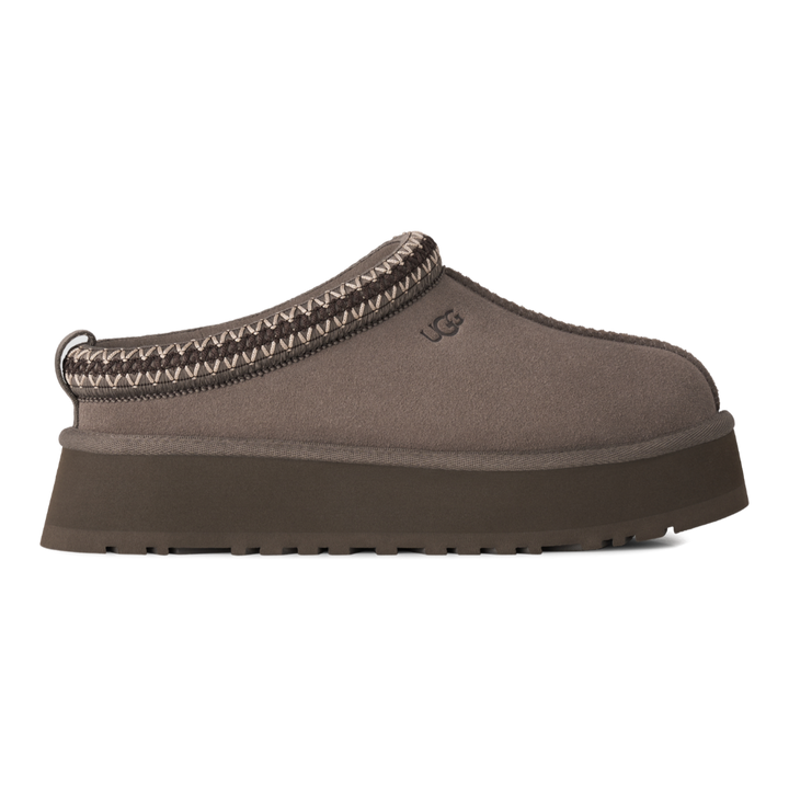 HypeSelection UGG Tazz II platform slipper in dried oregano and major brown suede with signature UGGbraid collar.
