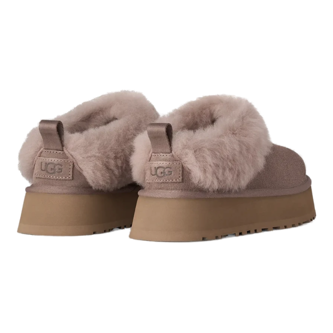 HypeSelection UGG Tazzelle slippers in caribou suede with a plush sheepskin cuff and thick platform EVA sole