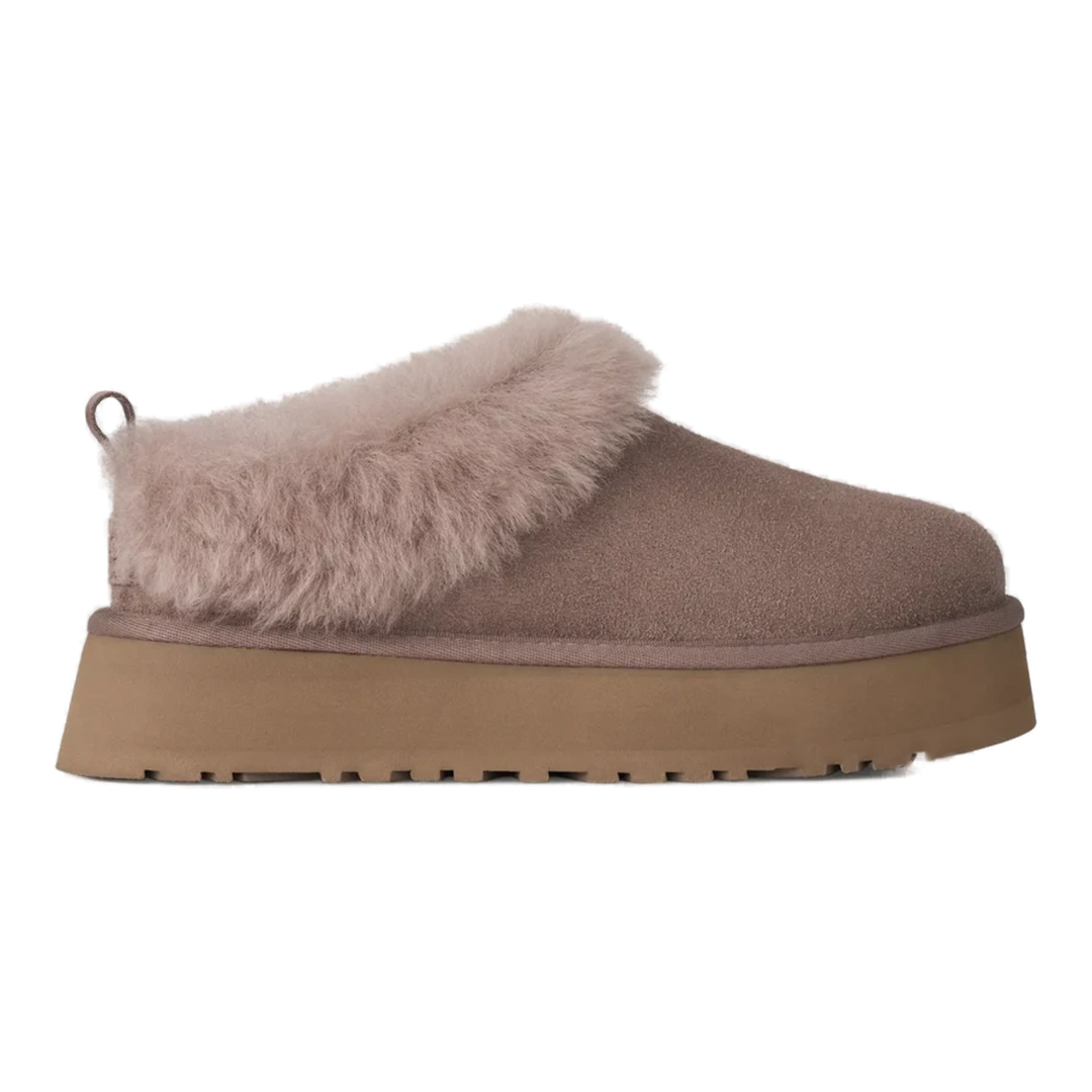 HypeSelection UGG Tazzelle slipper in caribou suede with a plush sheepskin cuff and thick EVA platform sole.
