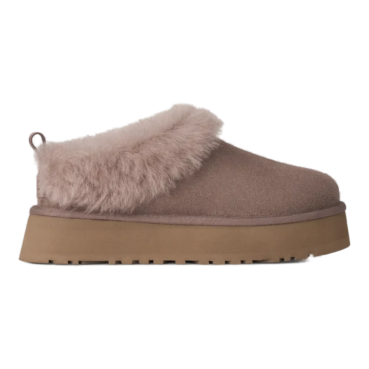 HypeSelection UGG Tazzelle slipper in caribou suede with a plush sheepskin cuff and thick EVA platform sole.