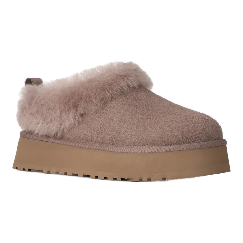 HypeSelection UGG Tazzelle slipper in caribou suede with a plush sheepskin cuff and thick EVA platform sole.
