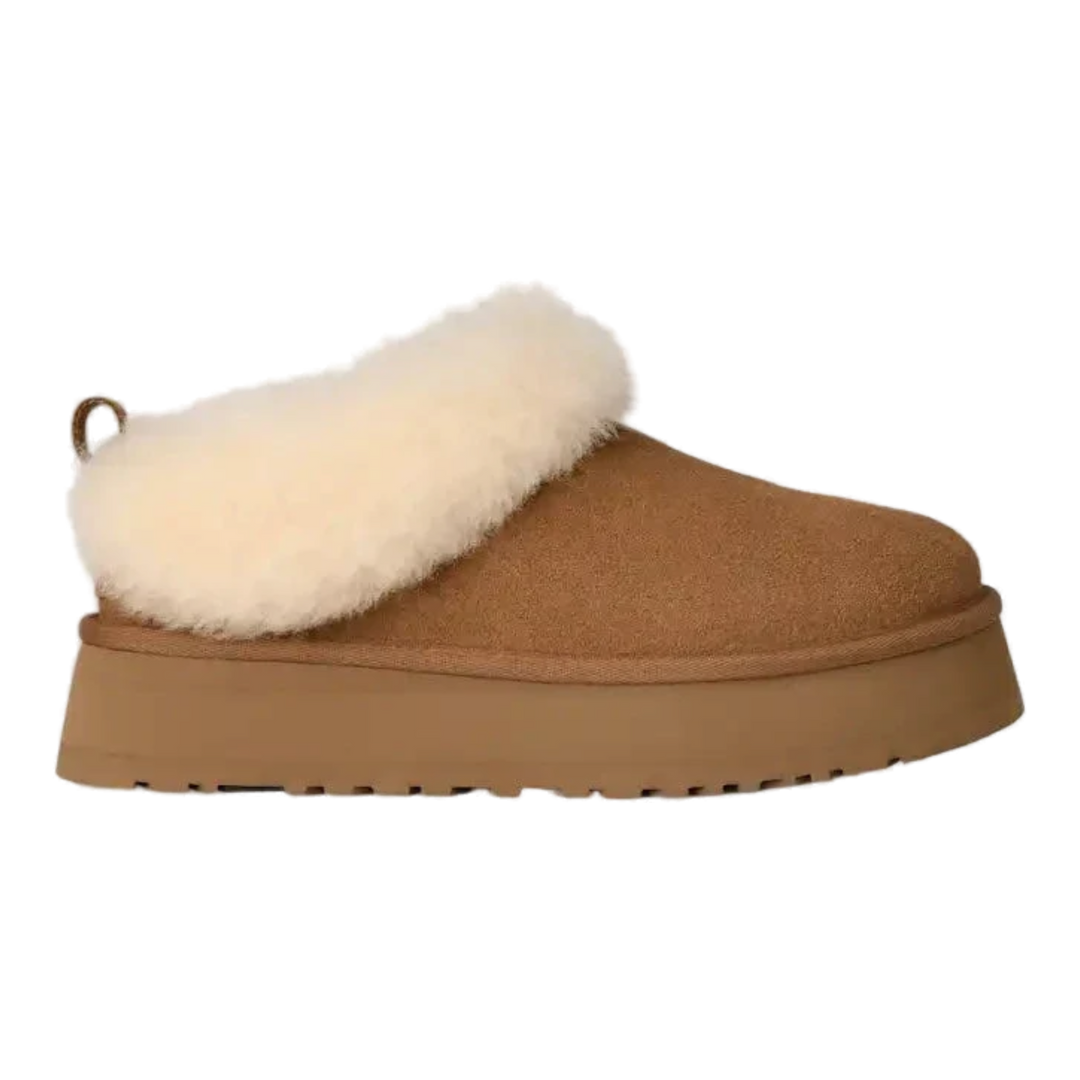 HypeSelection UGG Tazzelle chestnut suede platform slipper with a plush sheepskin cuff and thick EVA sole