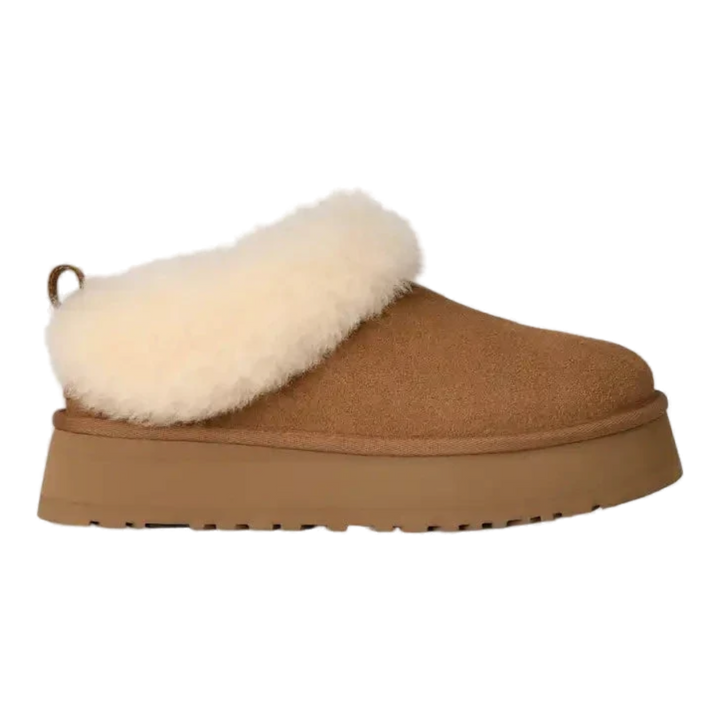 HypeSelection UGG Tazzelle chestnut suede platform slipper with a plush sheepskin cuff and thick EVA sole