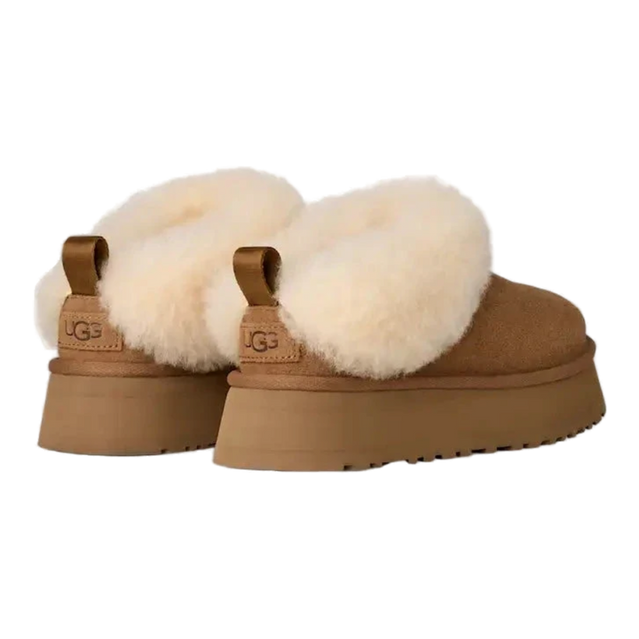 HypeSelection UGG Tazzelle chestnut suede platform slippers with plush sheepskin cuff and EVA sole, rear view.