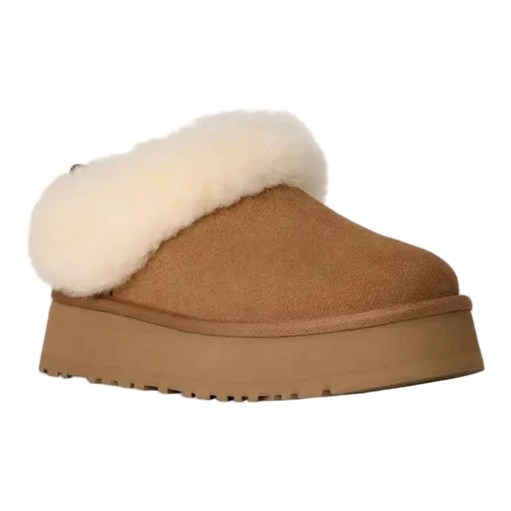 HypeSelection UGG Tazzelle chestnut suede platform slipper with plush white sheepskin cuff and EVA midsole