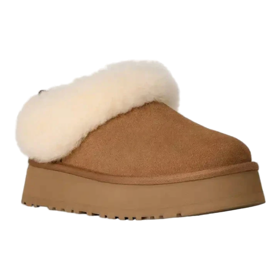 HypeSelection UGG Tazzelle chestnut suede platform slipper with plush white sheepskin cuff and EVA midsole