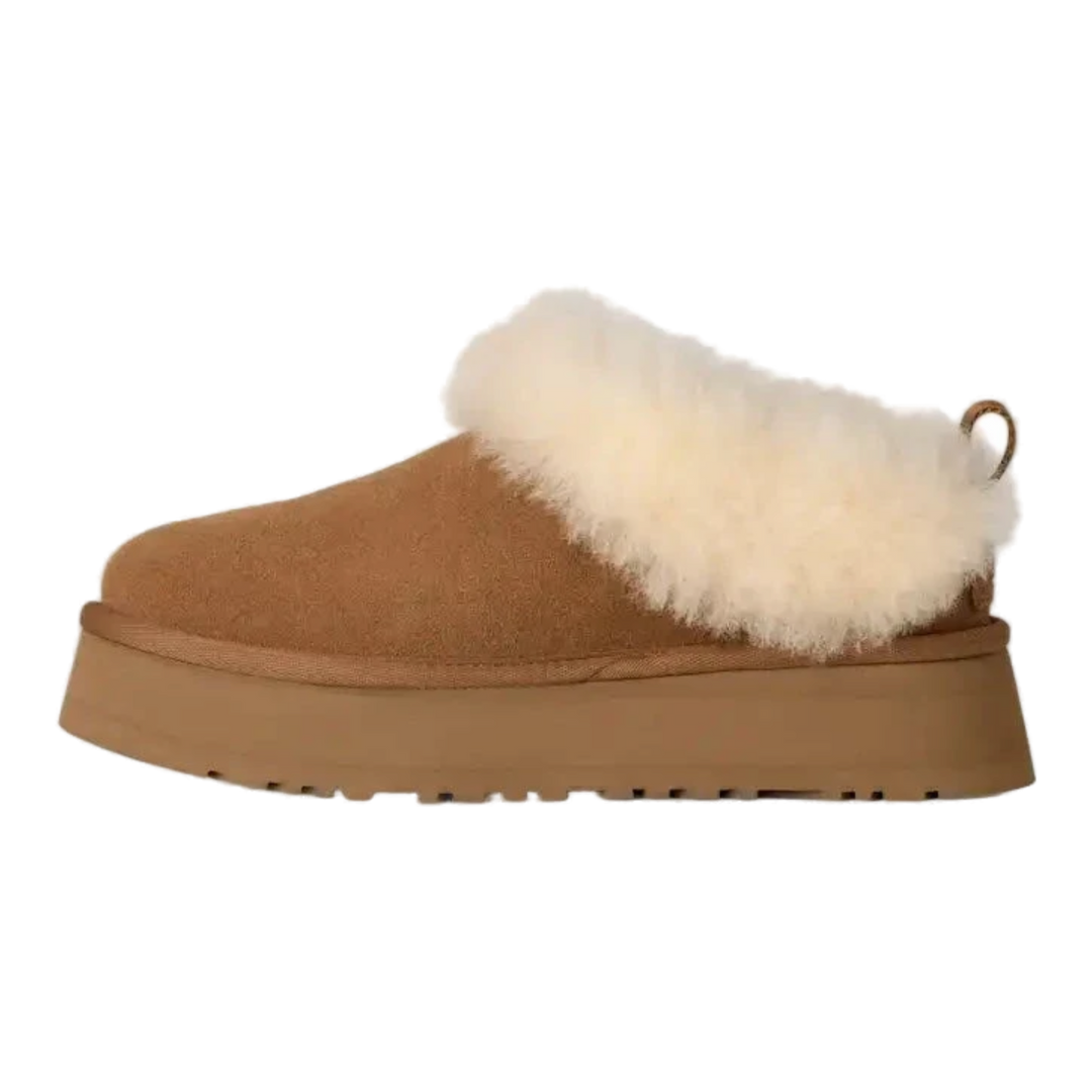 HypeSelection UGG Tazzelle chestnut suede platform slipper with plush sheepskin cuff and thick EVA midsole