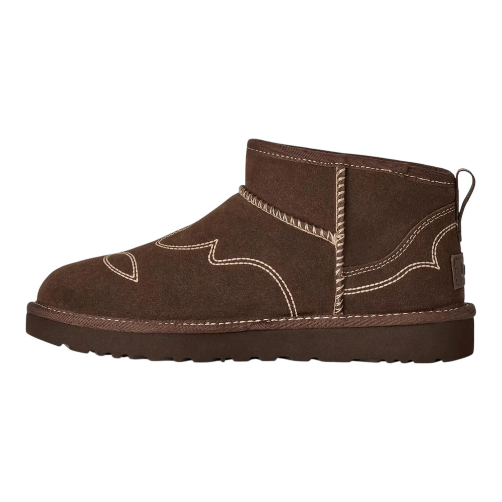 HypeSelection UGG Classic Ultra Mini Western boot in Burnt Cedar suede with decorative white western embroidery.