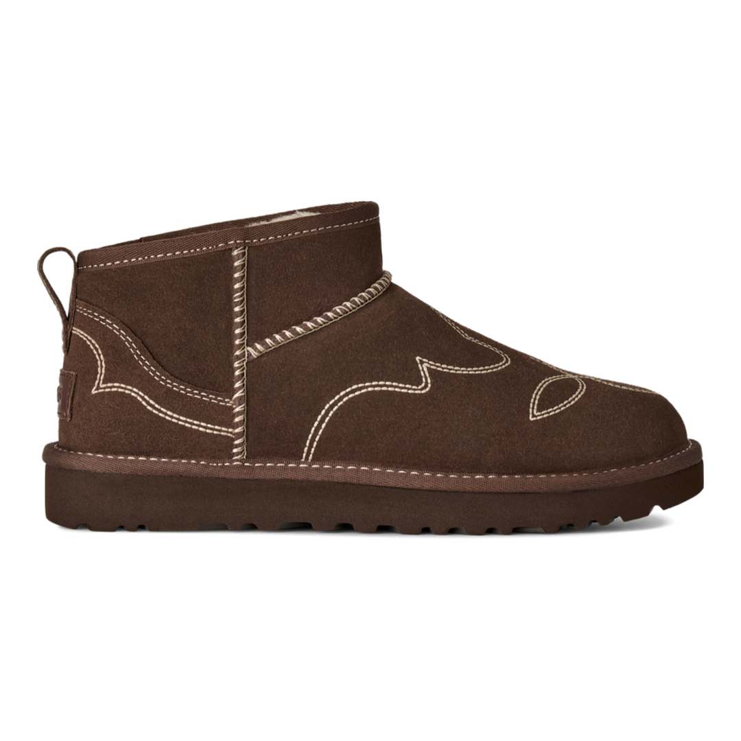 HypeSelection UGG Classic Ultra Mini Western boot in Burnt Cedar suede with white western-inspired embroidery.